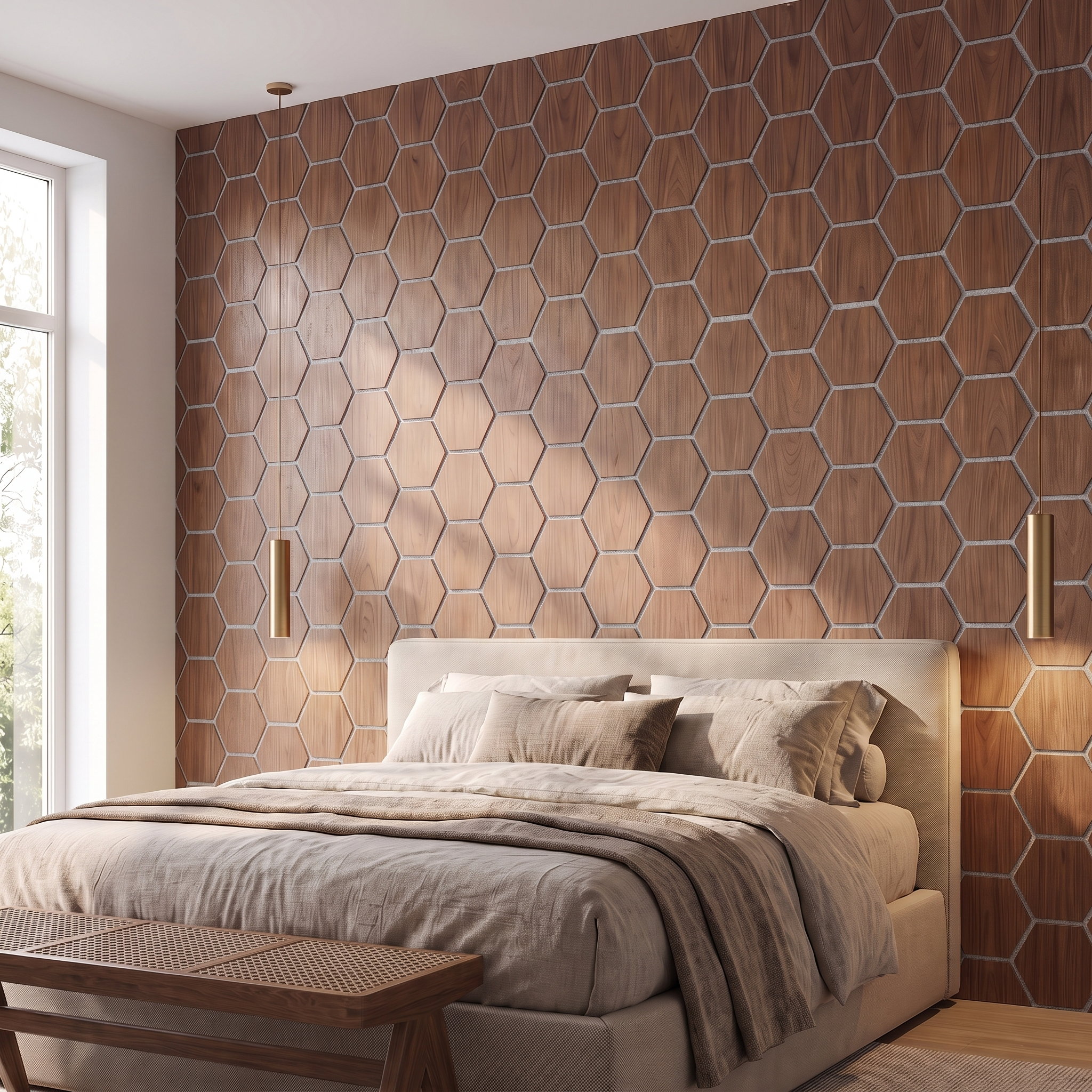 Hexagon walnut with grey felt wall panel behind the bed in a bedroom