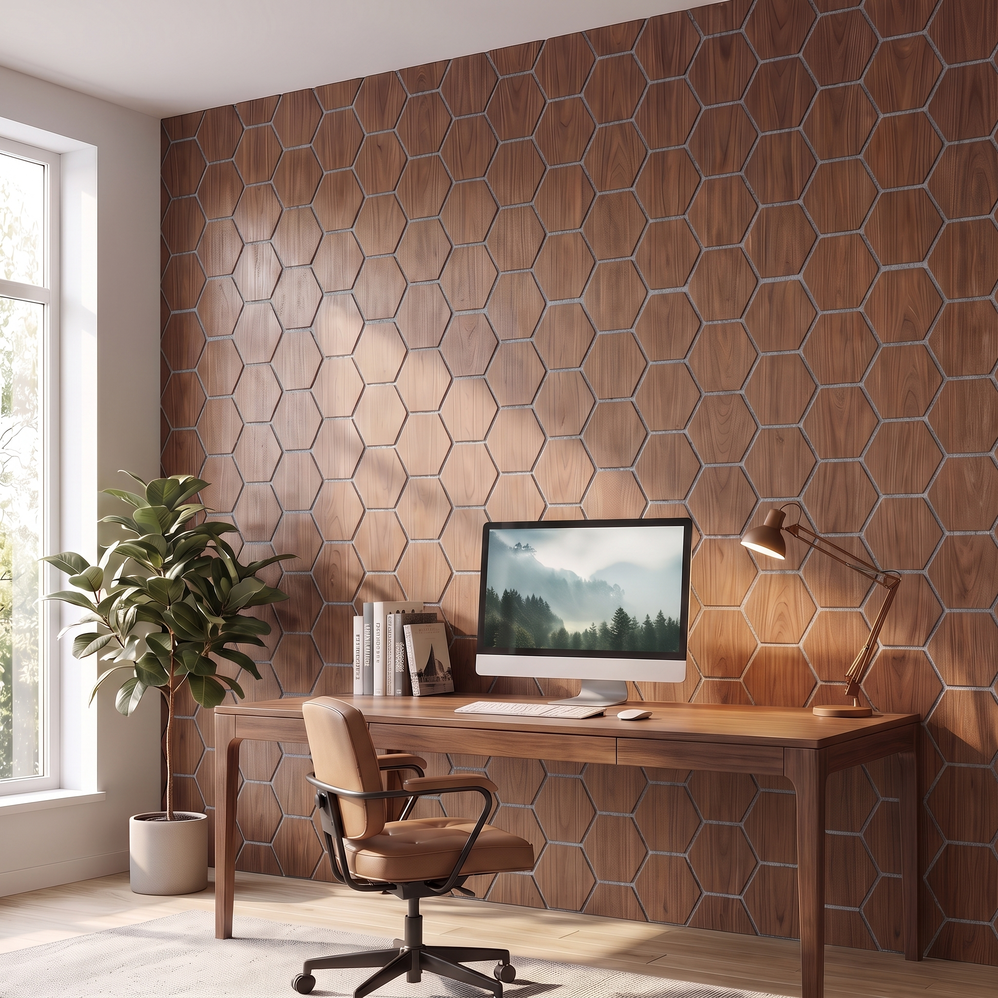 Hexagon walnut with grey felt wall panel in a home office