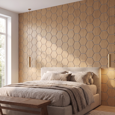 Hexagon natural oak with grey felt wall panel behind the bed in a bedroom