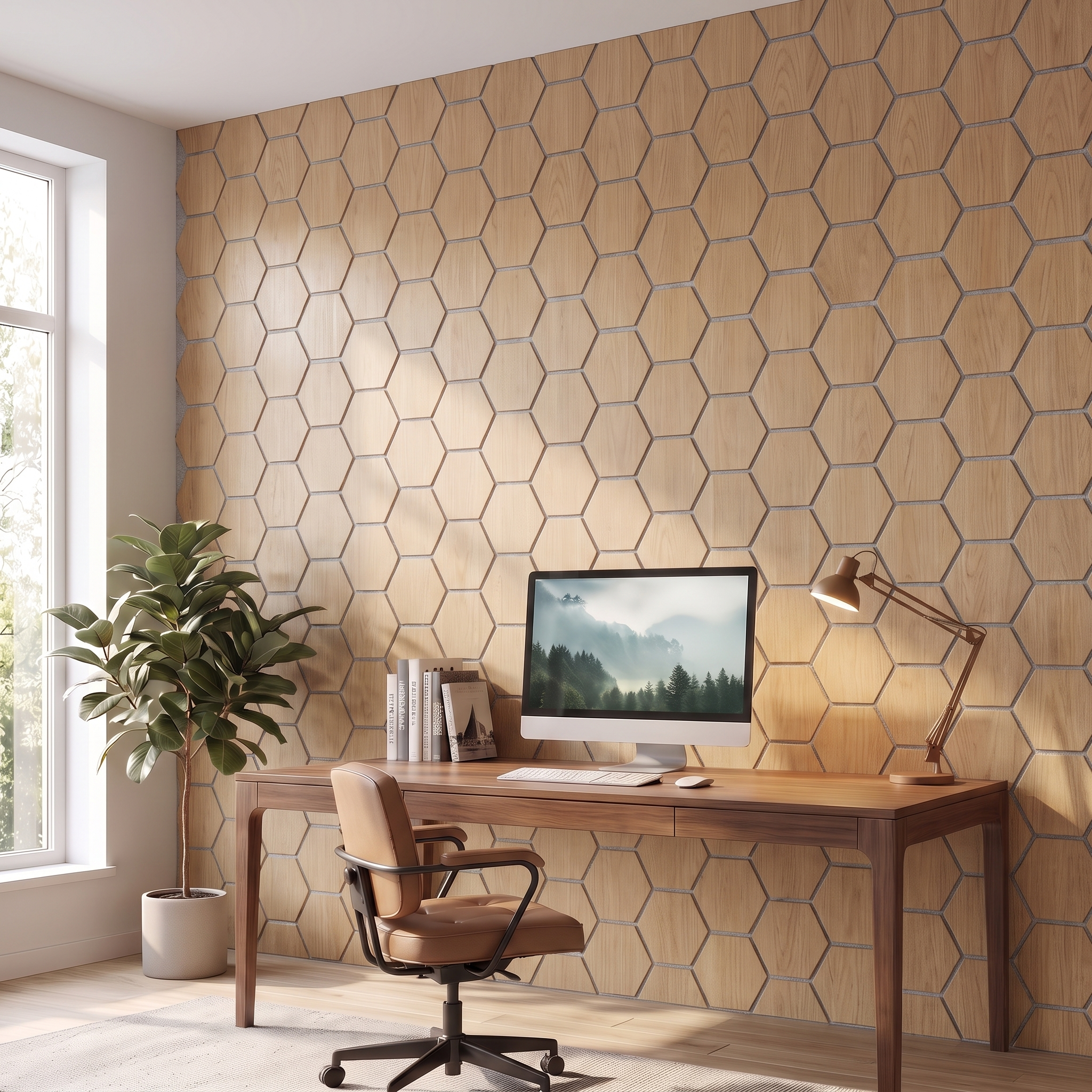 Hexagon natural oak with grey felt acoustic wall panel in a home office
