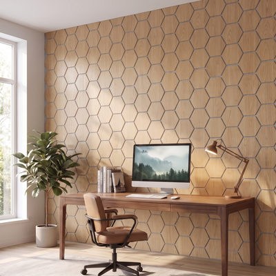 Hexagon natural oak with grey felt acoustic wall panel in a home office