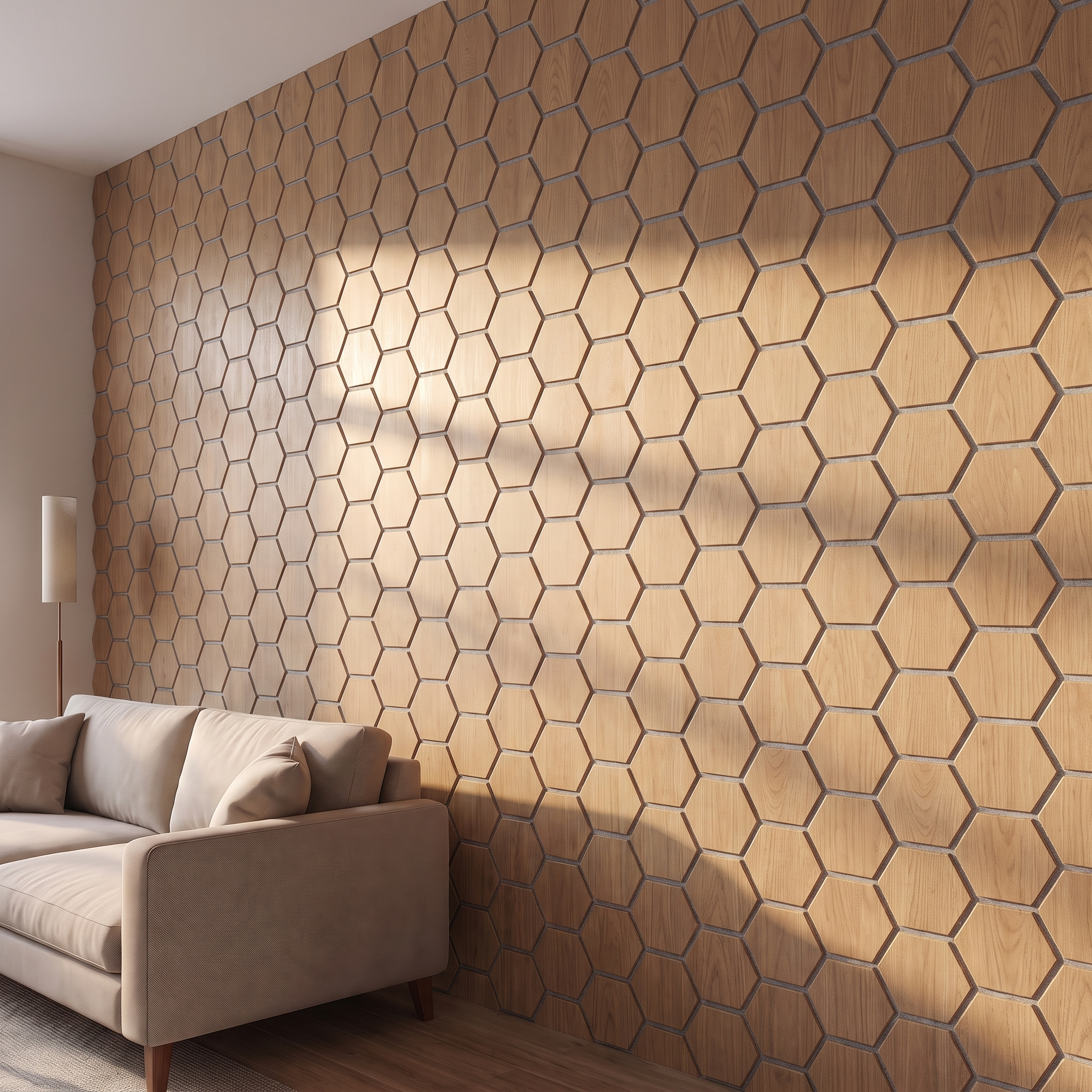 Hexagon natural oak with grey felt wall panel side view