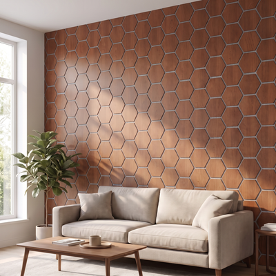 Hexagon smoked oak with grey felt acoustic wall panel in a living room