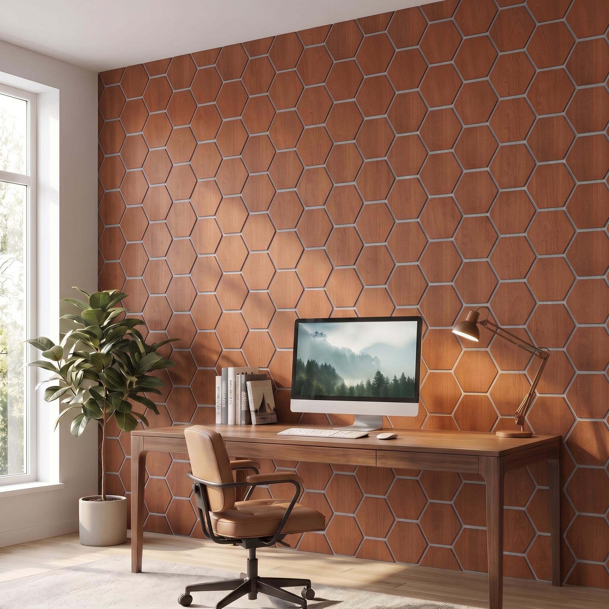 Hexagon smoked oak with grey felt wall panel in a home office