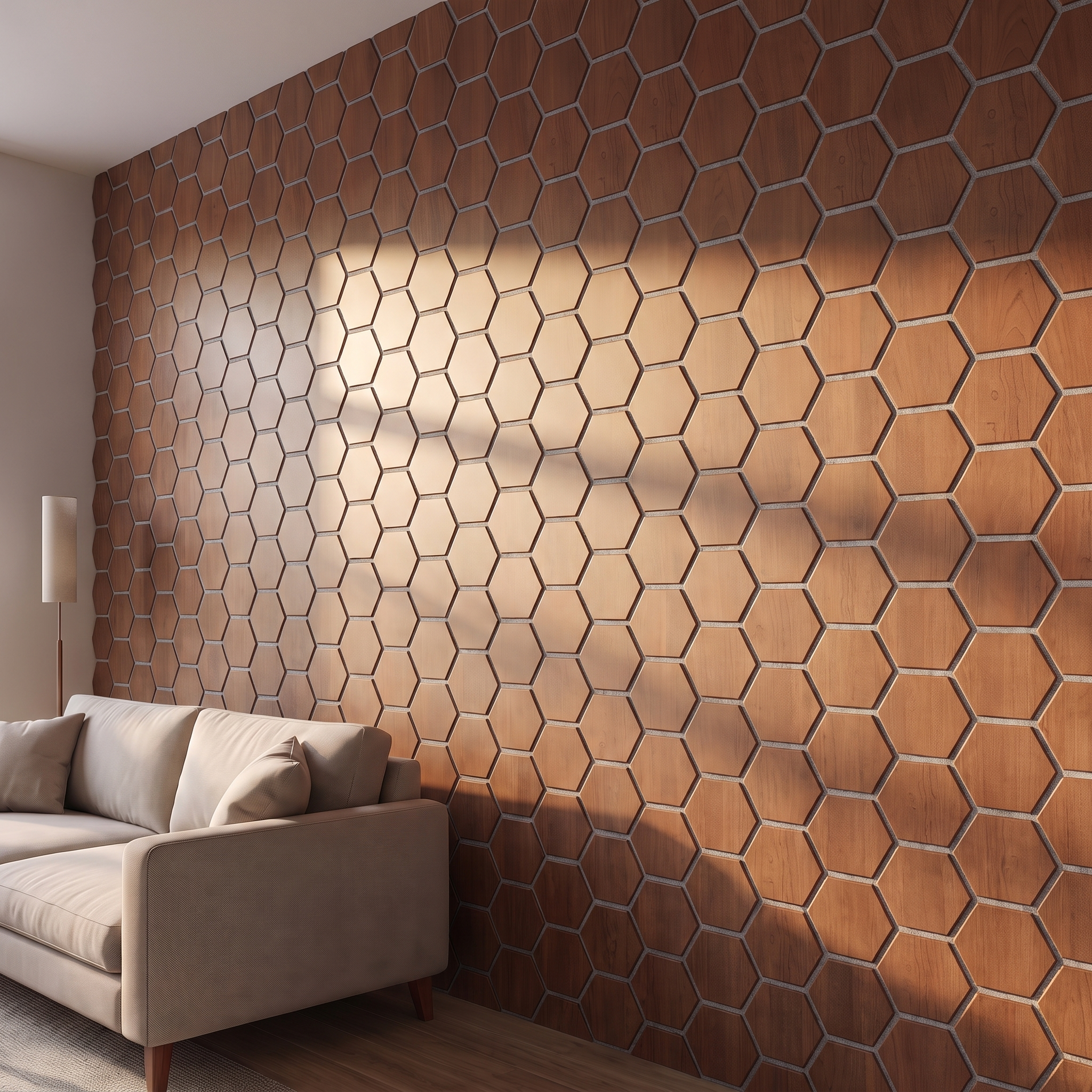 Hexagon smoked oak with grey felt wall panel side view