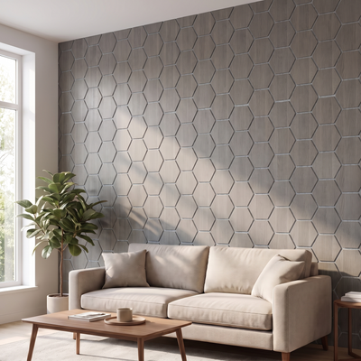 Hexagon grey walnut with grey felt wall panel in a living room