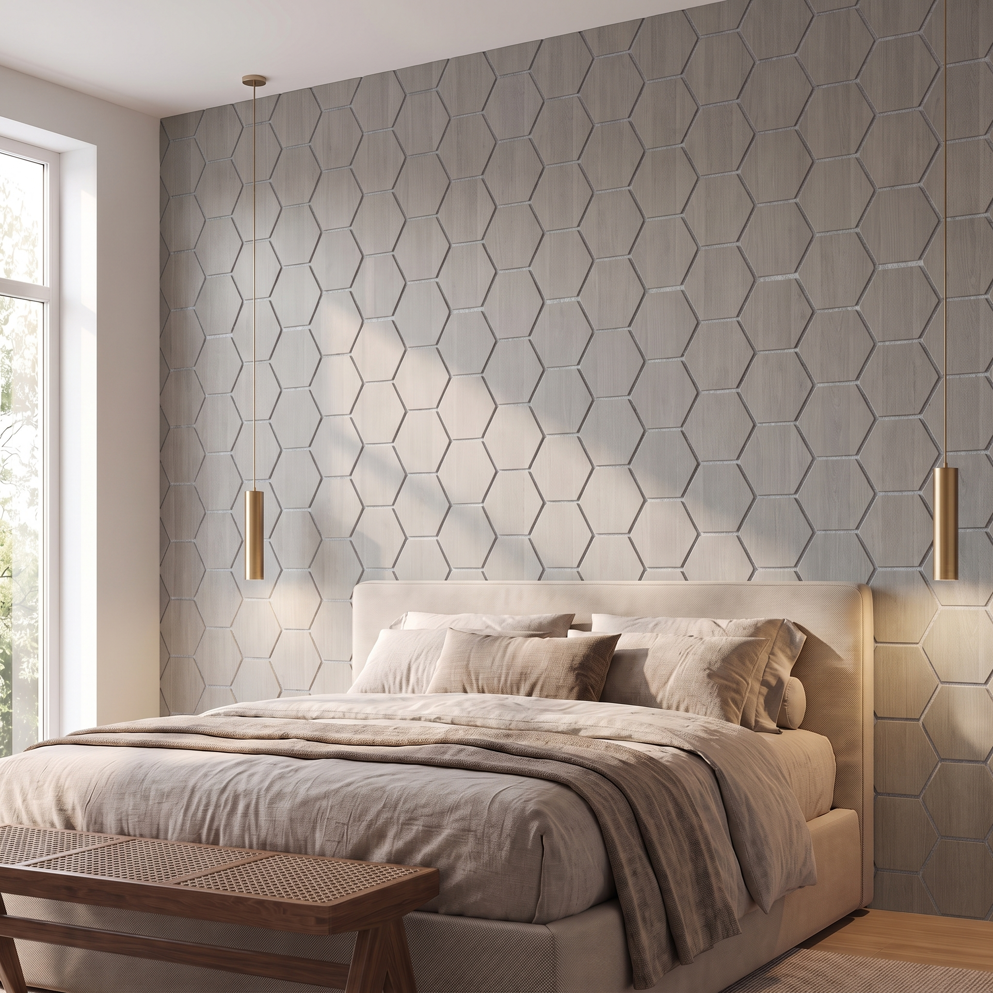 Hexagon grey walnut with grey felt acoustic wall panel behind the bed in a bedroom