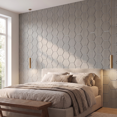 Hexagon grey walnut with grey felt acoustic wall panel behind the bed in a bedroom
