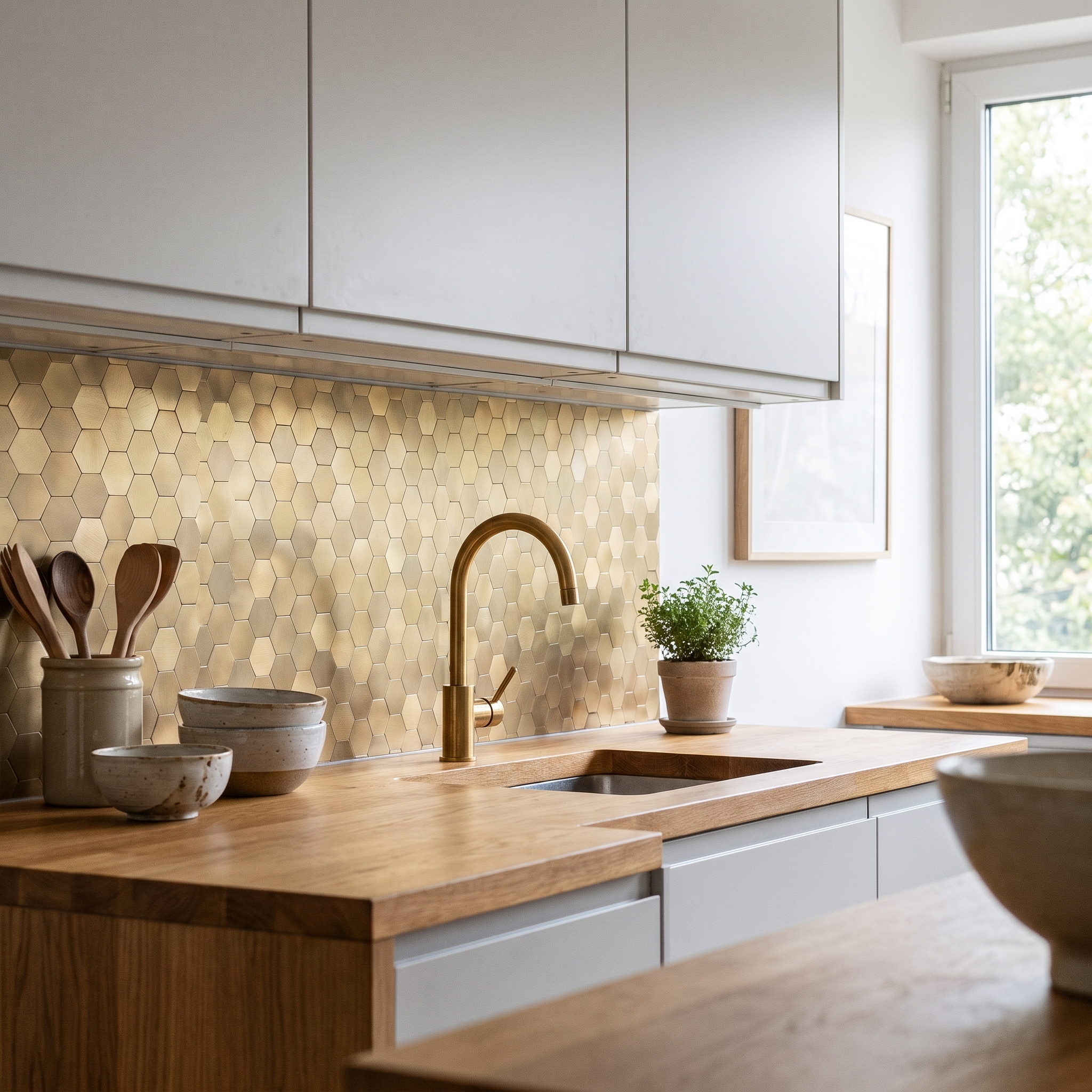 Hexagon Gold Peel & Stick Splashback | 28.8×29.2 cm | Self-Adhesive Mosaic Tile