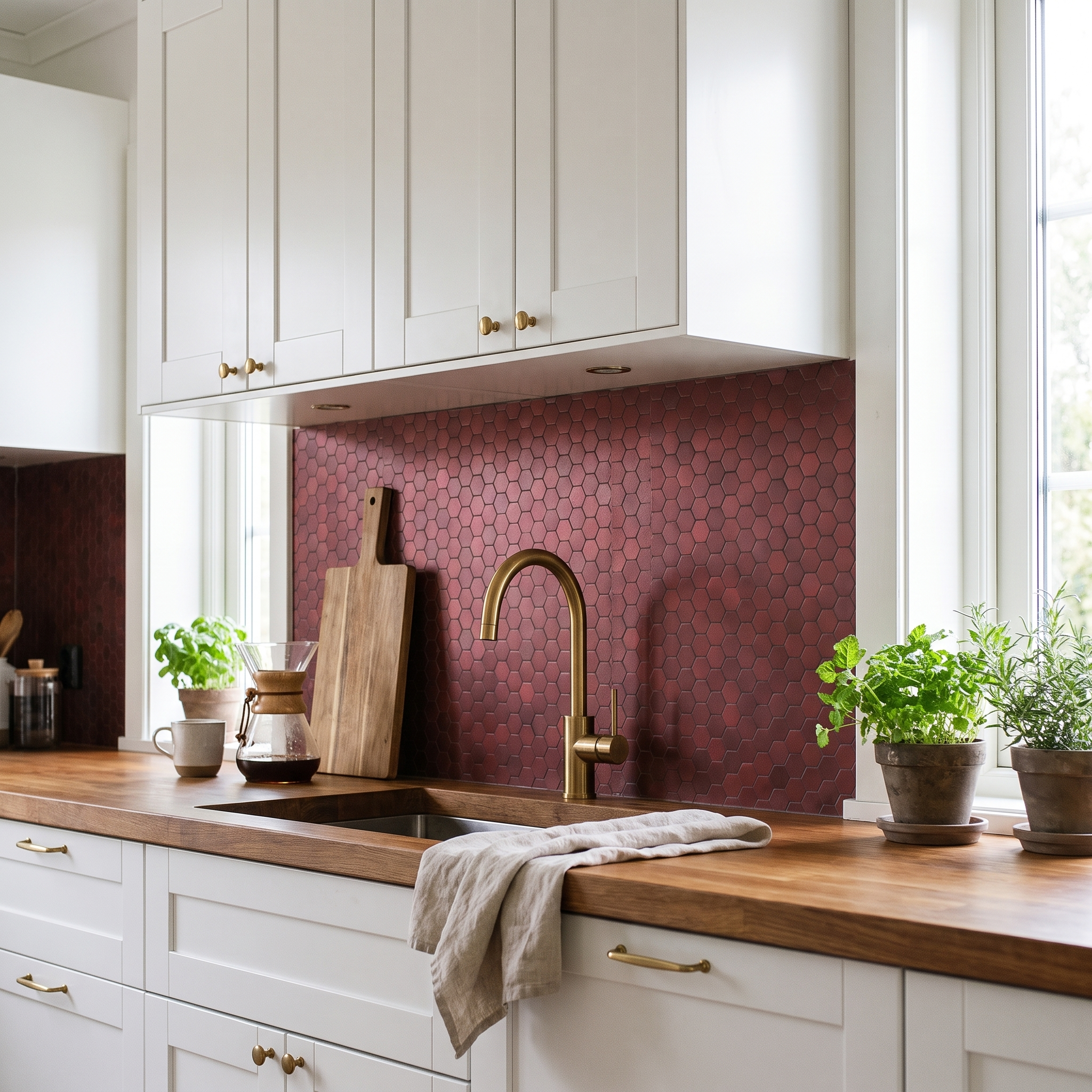 Hexagon Burgundy Peel & Stick Splashback | 28.8×29.2 cm | Self-Adhesive Mosaic Tile