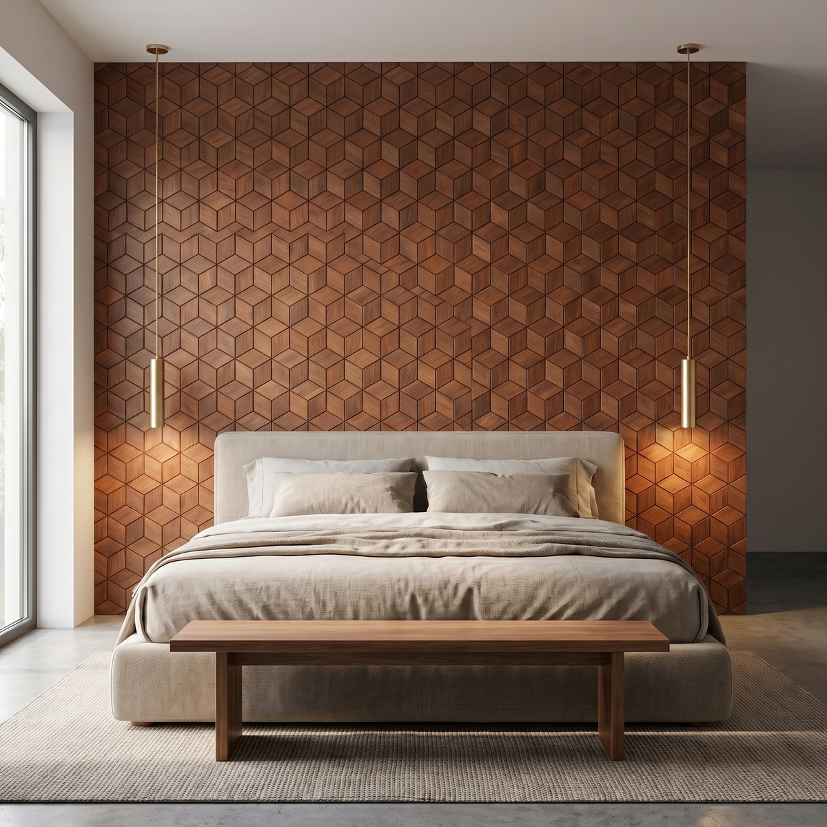 Lobelia Rust Copper decorative wall panel behind the bed in a bedroom