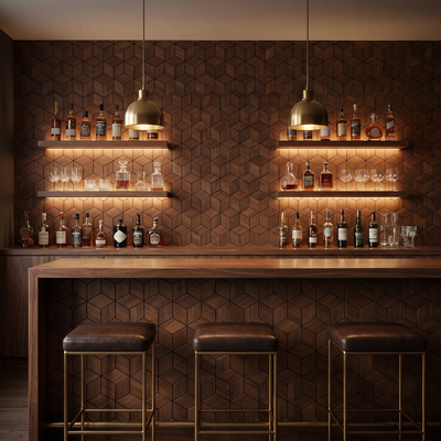 Lobelia Smoked Brown decorative wall panel as a bar back wall