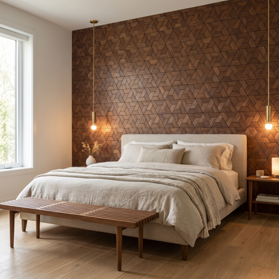 Aster Brown decorative wall panel behind the bed in a bedroom