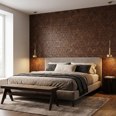Aster Smoked Brown decorative wall panel behind the bed in a bedroom