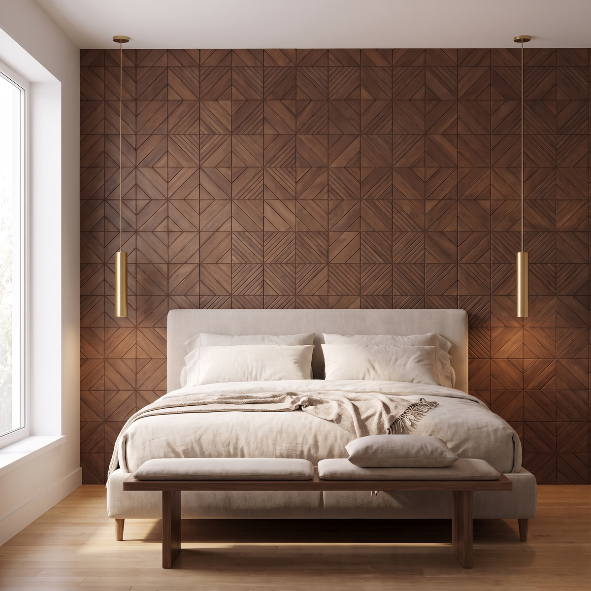 Clover Brown decorative wall panel behind the bed in a bedroom
