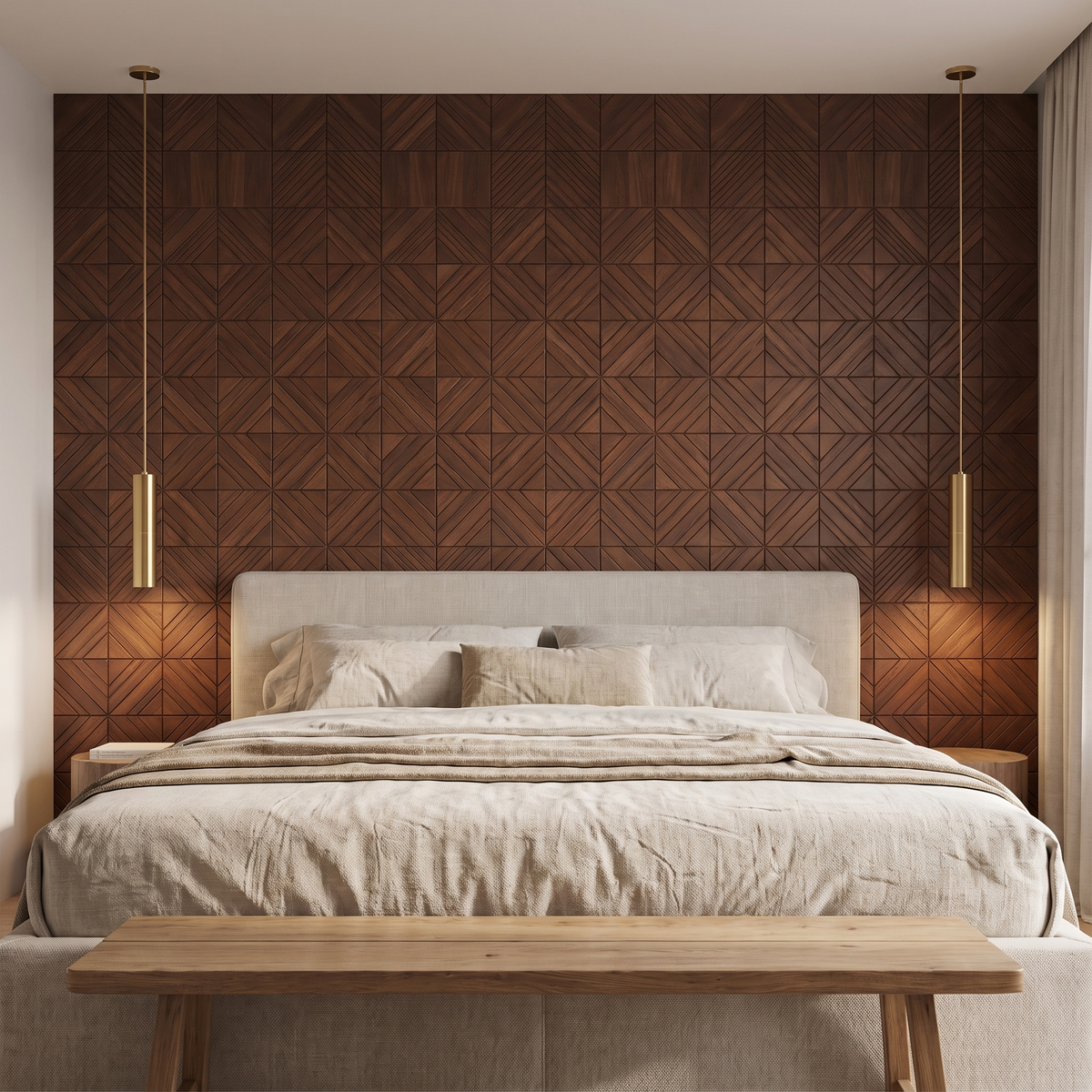 Clover Smoked Brown decorative wall panel behind the bed in a bedroom