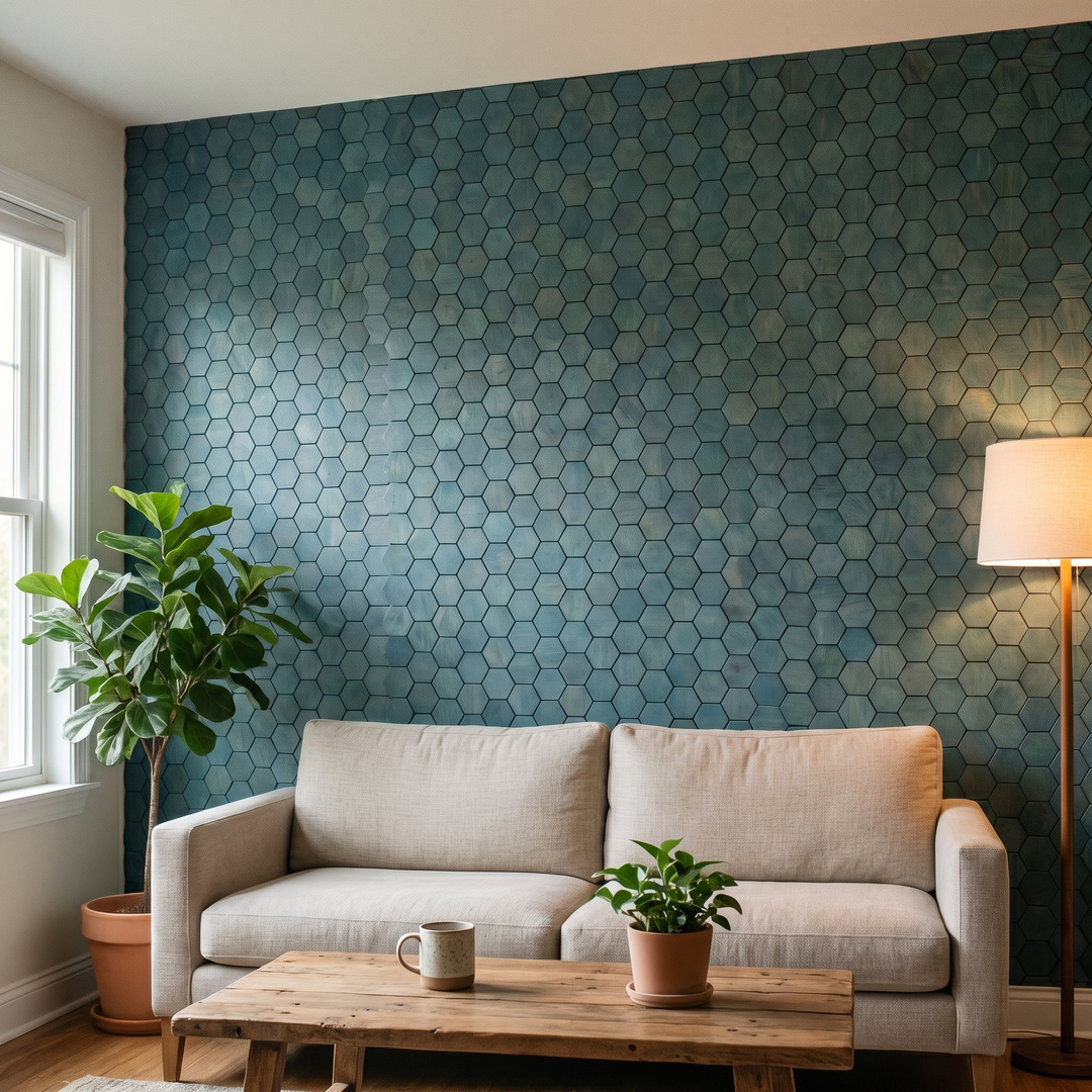 Snowdrop Cadet Blue decorative wall panel in a modern living room