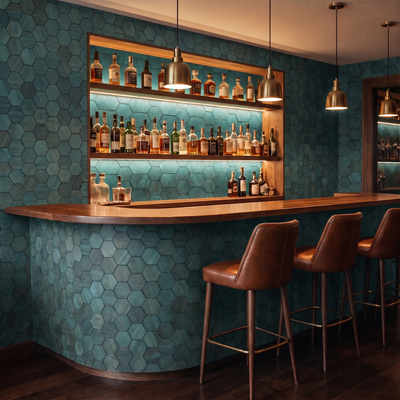 Snowdrop Cadet Blue decorative wall panel as a bar back wall