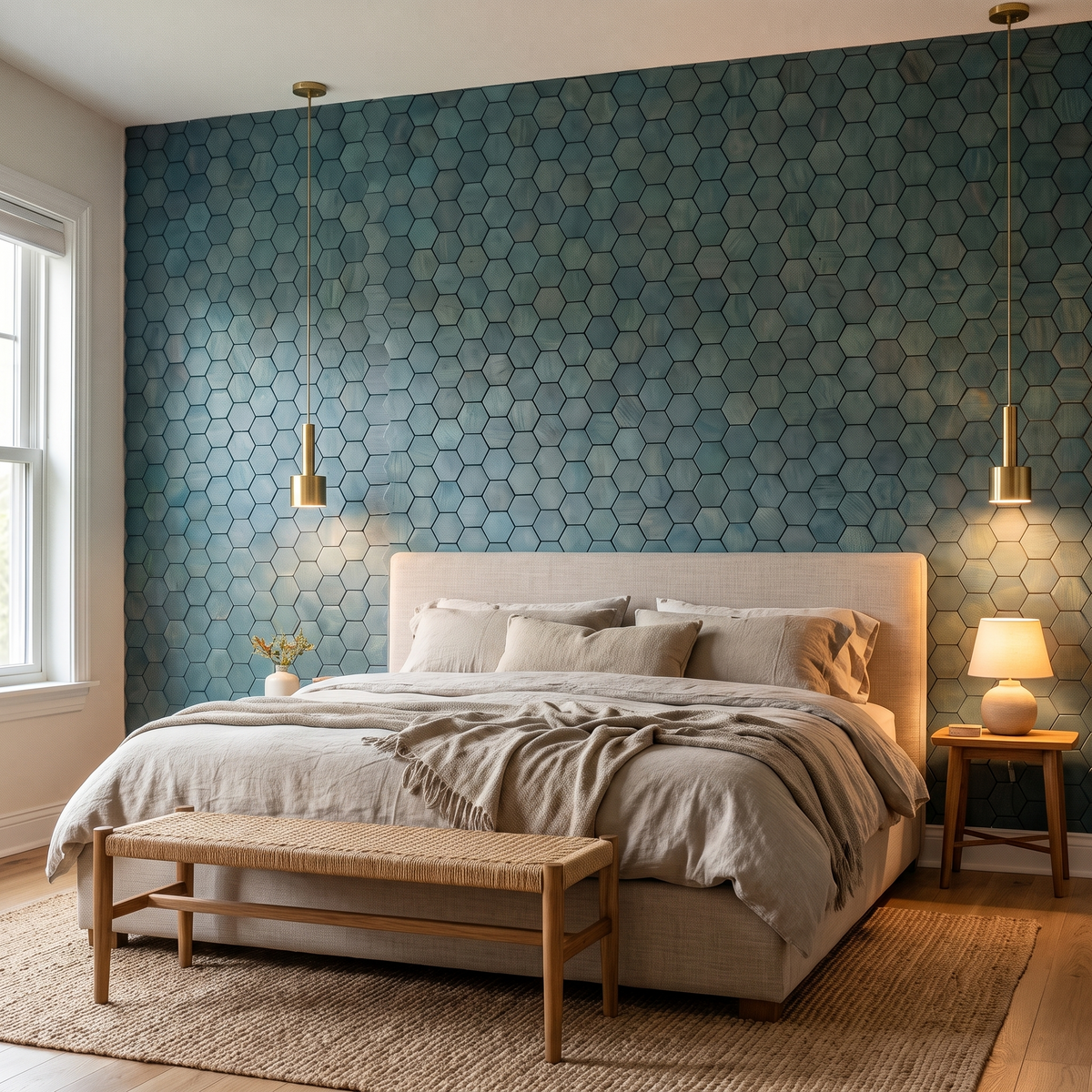 Snowdrop Cadet Blue decorative wall panel behind the bed in a bedroom