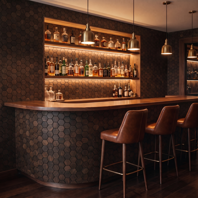 Snowdrop Rose Black decorative wall panel as a bar back wall