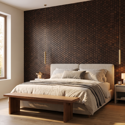 Snowdrop Rose Black decorative wall panel behind the bed in a bedroom
