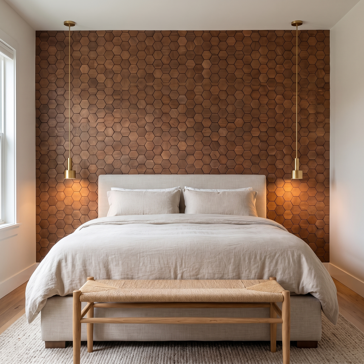 Snowdrop Smoked Brown decorative wall panel behind the bed in a bedroom