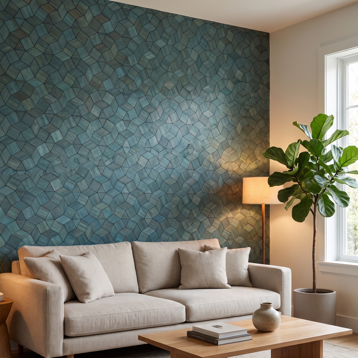 Gardenia Cadet Blue decorative wall panel in a modern living room