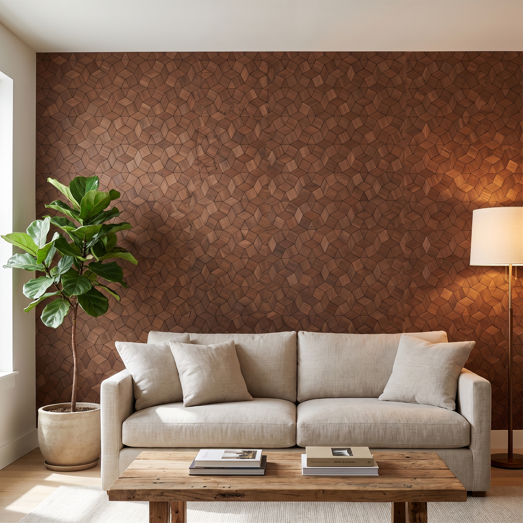 Gardenia Smoked Brown decorative wall panel in a modern living room