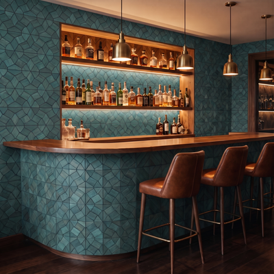 Gardenia Cadet Blue decorative wall panel as a bar back wall