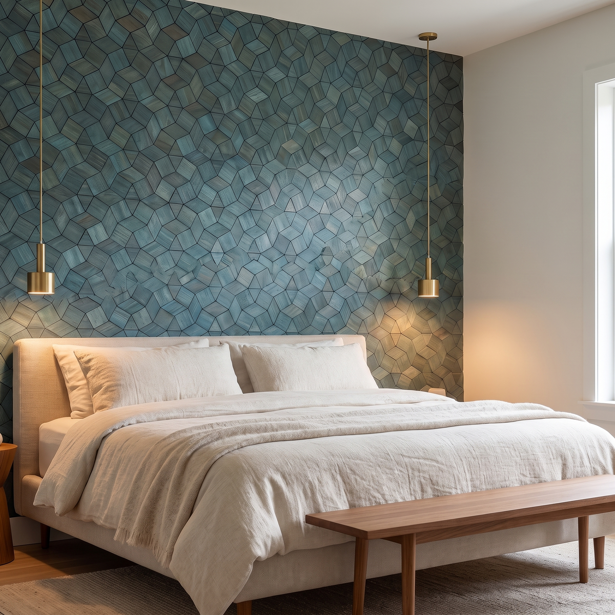 Gardenia Cadet Blue decorative wall panel behind the bed in a bedroom
