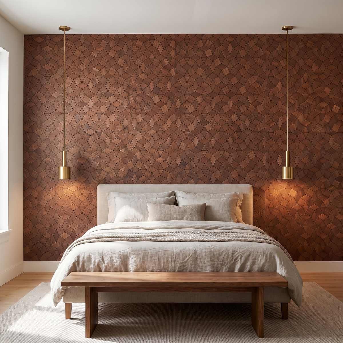 Gardenia Smoked Brown decorative wall panel behind the bed in a bedroom