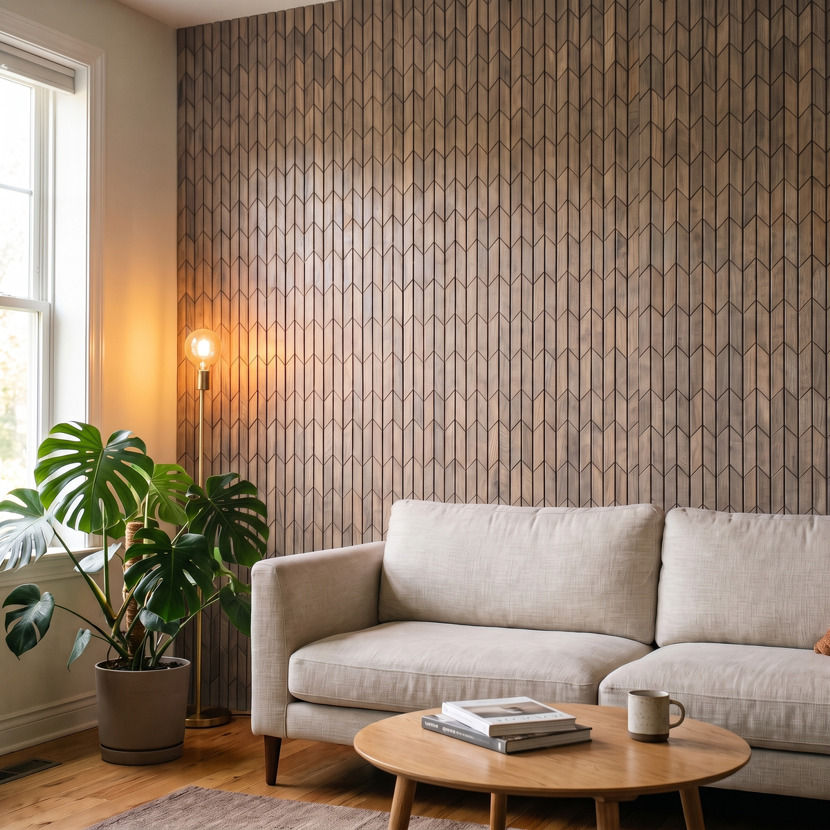 Crimson Pearl White decorative wall panel in a modern living room