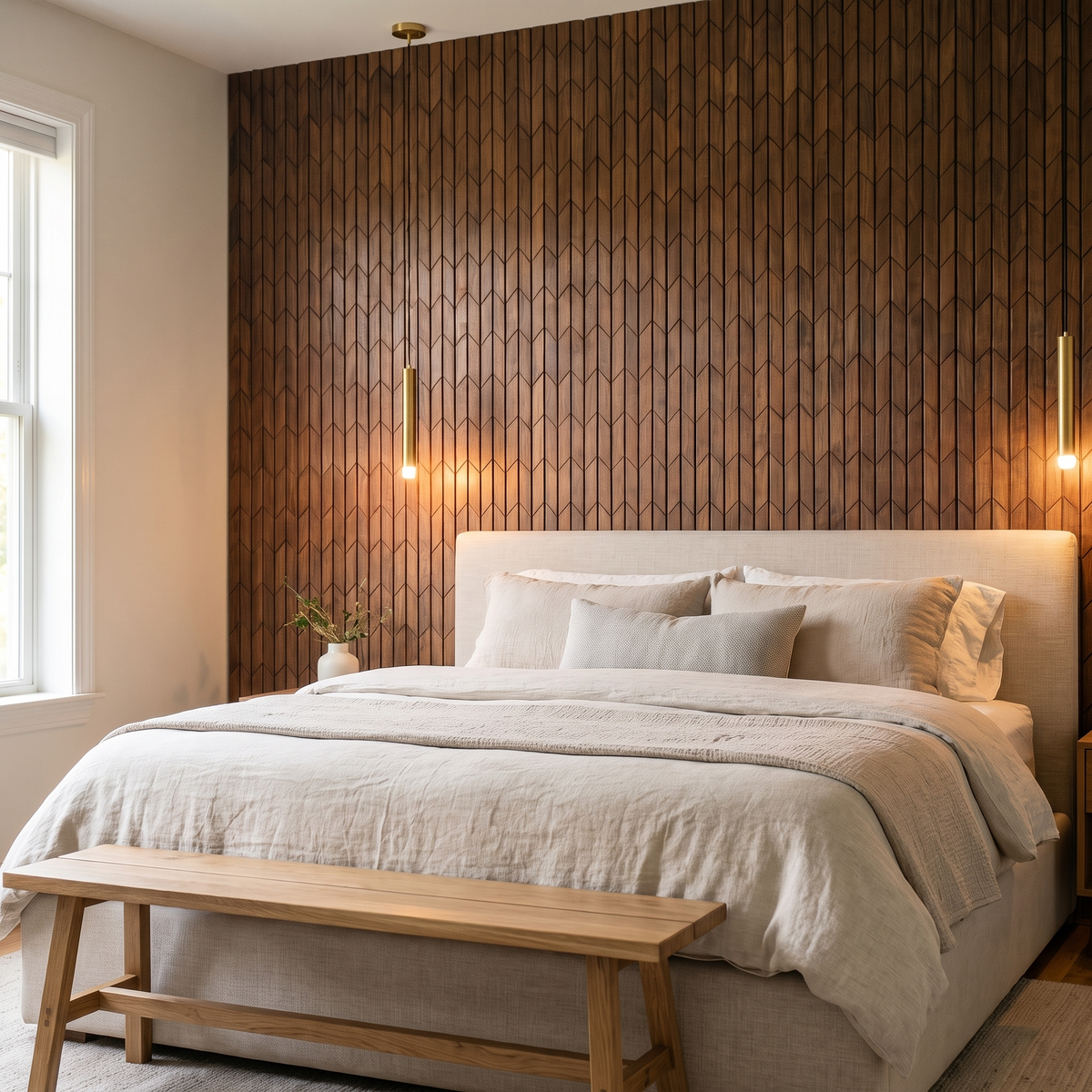 Crimson Smoked Brown decorative wall panel behind the bed in a bedroom
