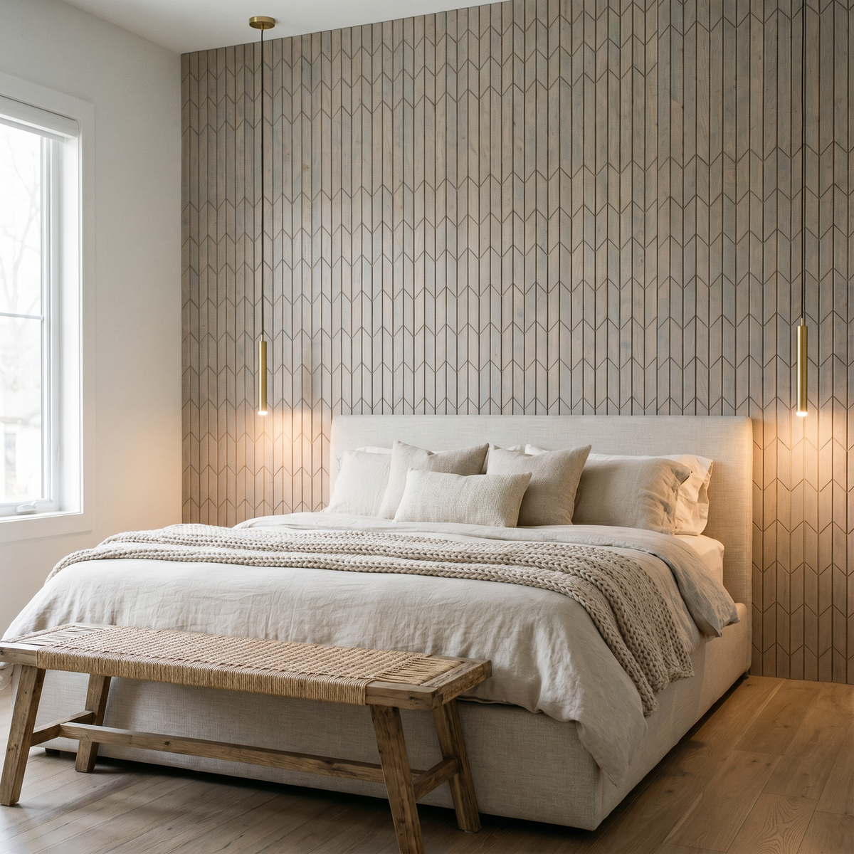 Crimson Pearl White decorative wall panel behind the bed in a bedroom